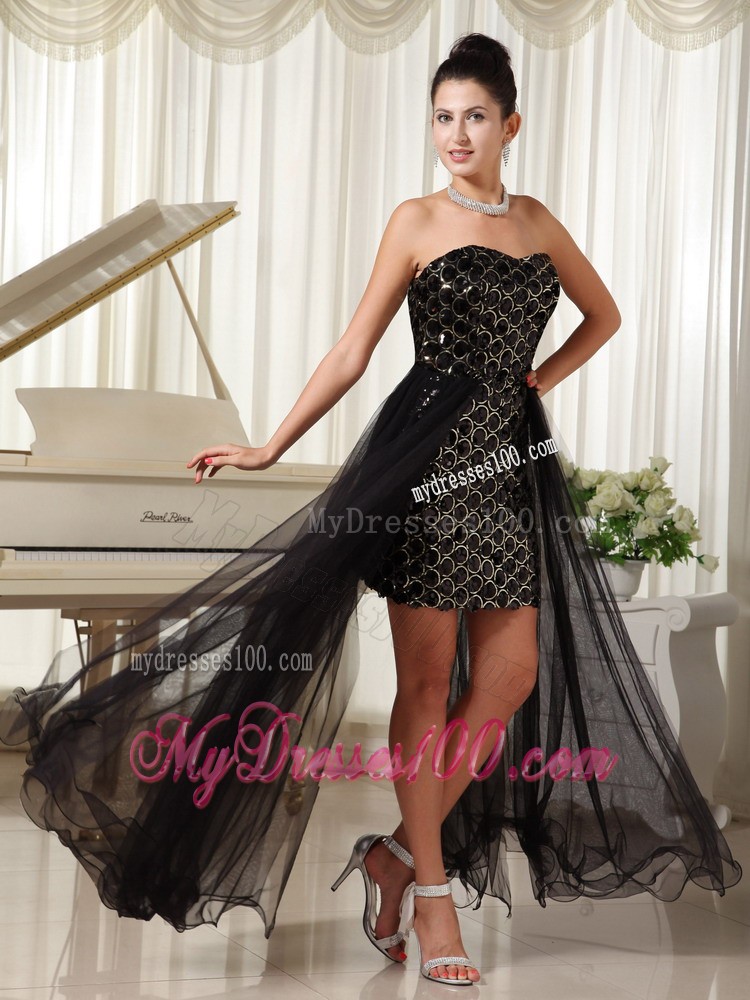 Black Sweetheart High-low Prom Evening Dress with Paillettes and Ruche