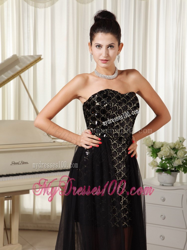 Black Sweetheart High-low Prom Evening Dress with Paillettes and Ruche