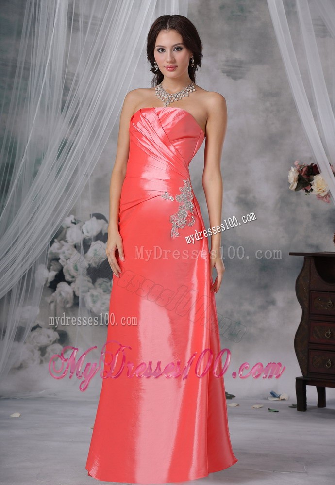 Watermelon Red Ruched Bodice for Prom Evening Dresses with Appliques