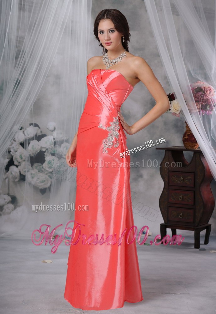 Watermelon Red Ruched Bodice for Prom Evening Dresses with Appliques