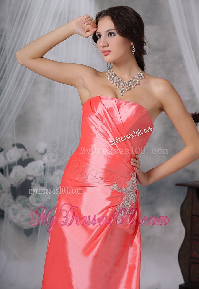 Watermelon Red Ruched Bodice for Prom Evening Dresses with Appliques
