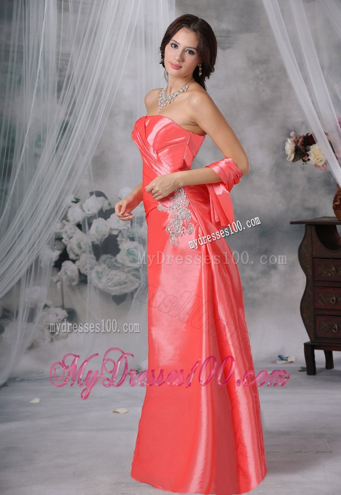 Watermelon Red Ruched Bodice for Prom Evening Dresses with Appliques