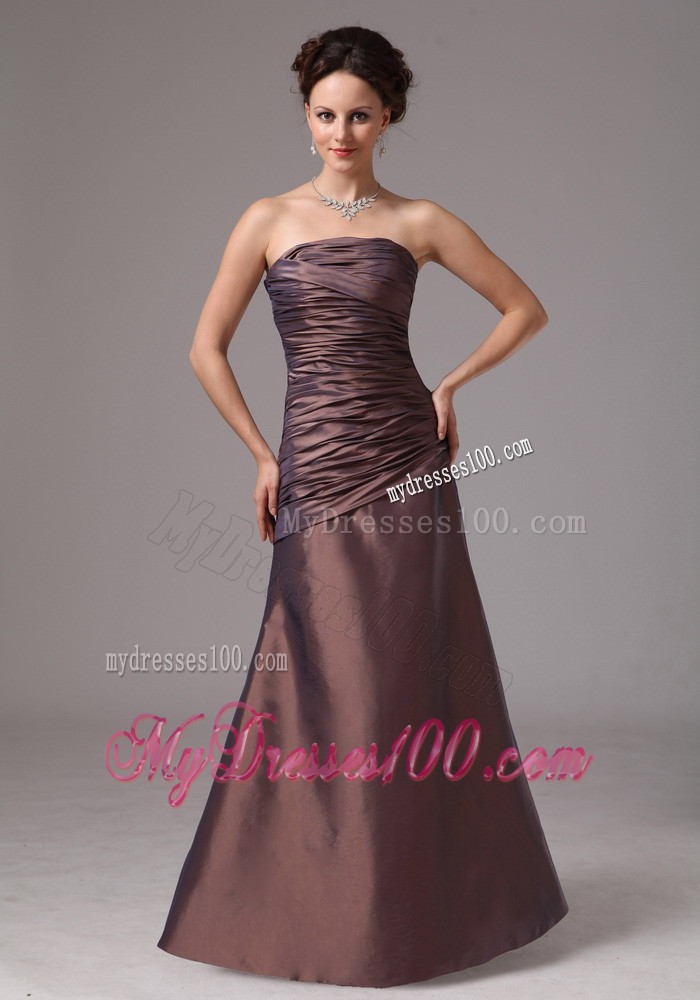 Ruched Bodice for Brown Floor-length Prom Gown Dresses without Straps