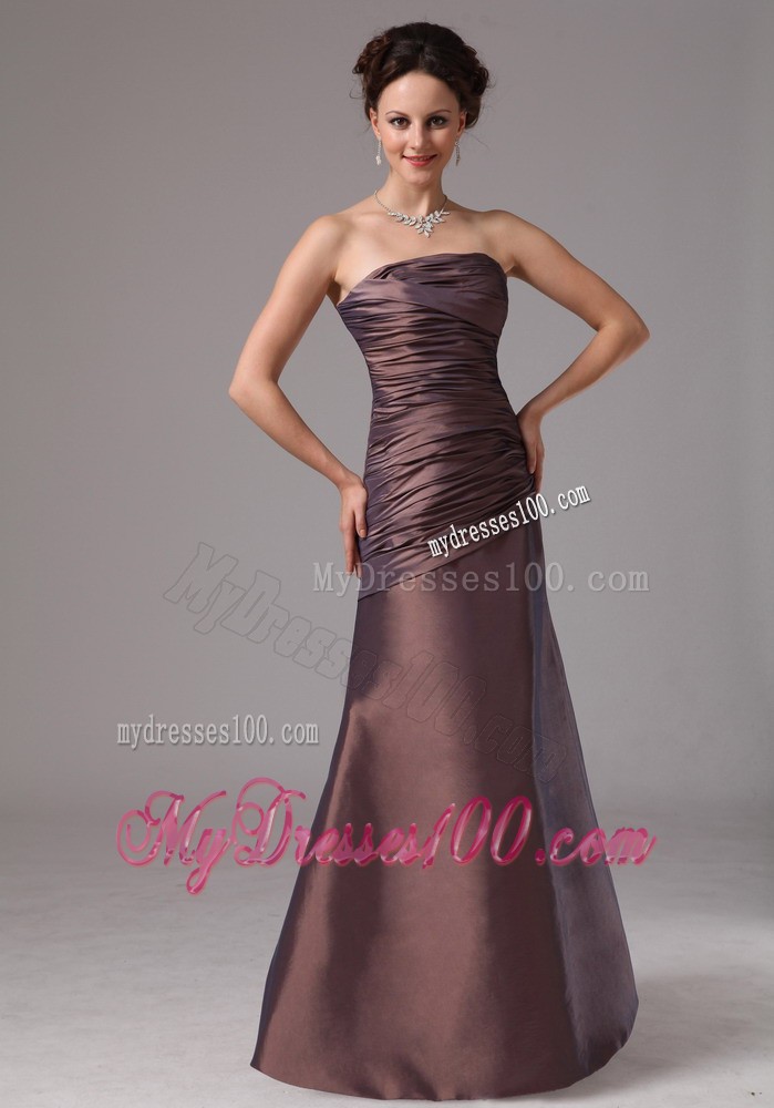 Ruched Bodice for Brown Floor-length Prom Gown Dresses without Straps