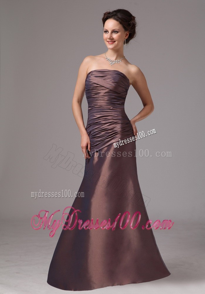Ruched Bodice for Brown Floor-length Prom Gown Dresses without Straps