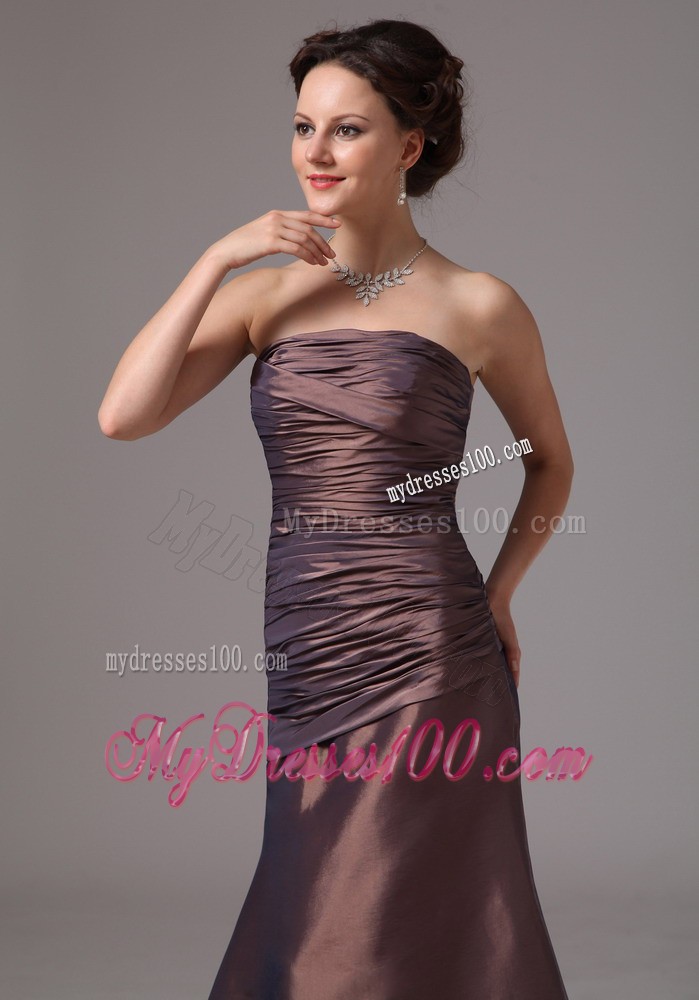 Ruched Bodice for Brown Floor-length Prom Gown Dresses without Straps