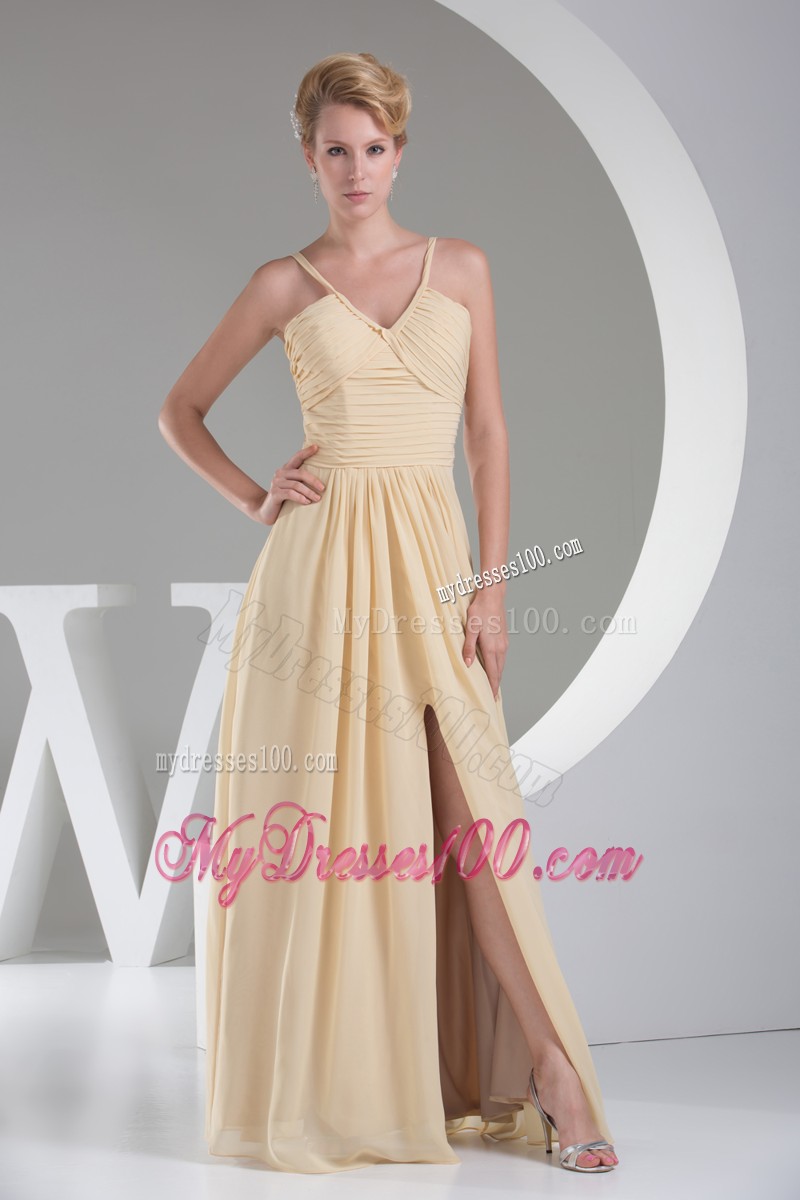 Spaghetti Straps and Pleat Bodice Prom Dress with Slits On the Side