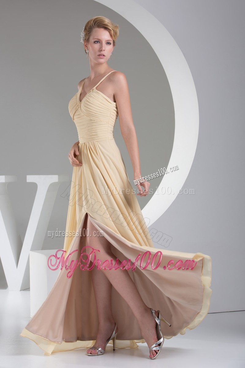 Spaghetti Straps and Pleat Bodice Prom Dress with Slits On the Side
