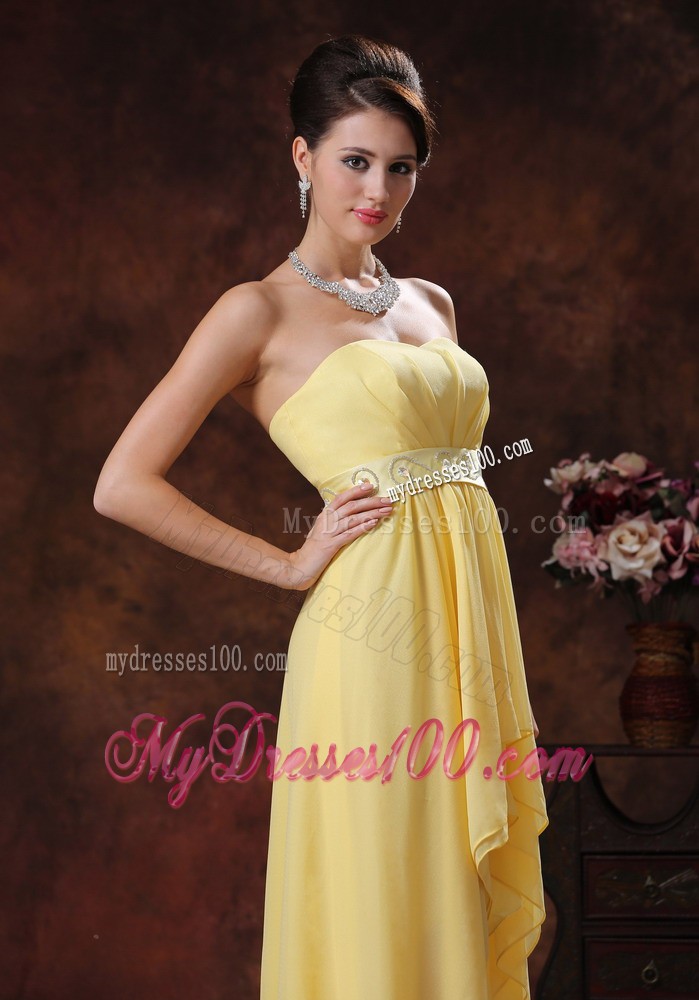 New Style Yellow Ruche Decorate High-low Prom Evening Dresses with Belt