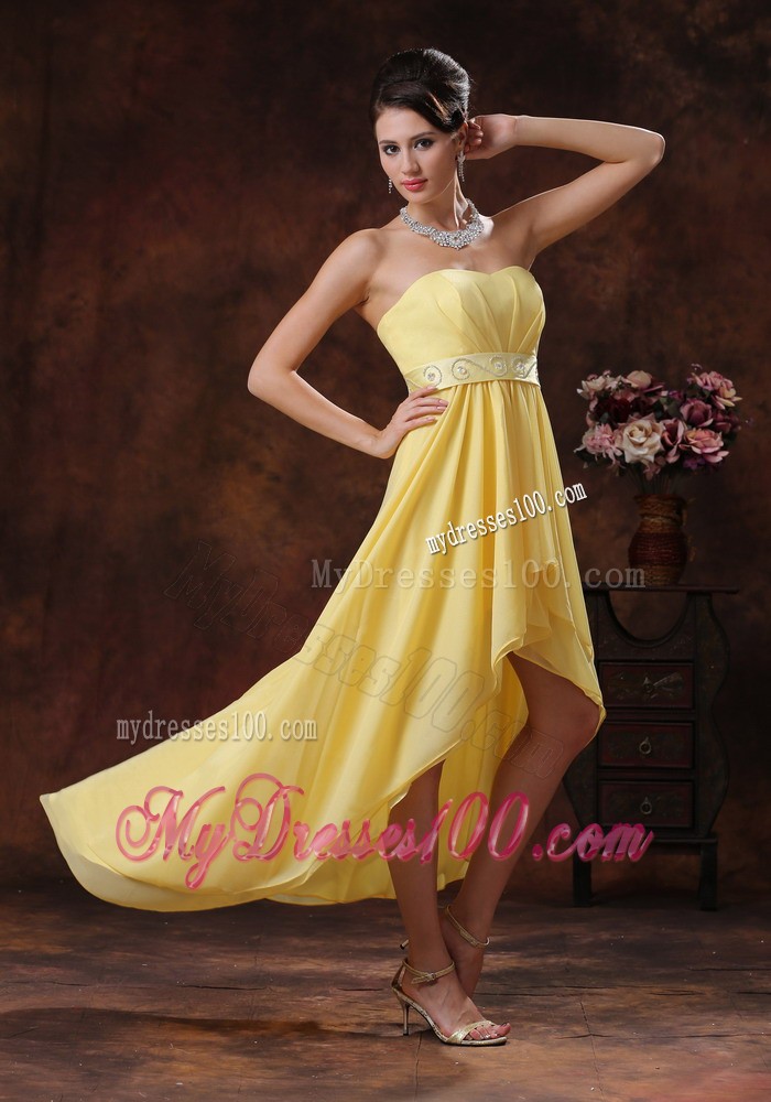 New Style Yellow Ruche Decorate High-low Prom Evening Dresses with Belt