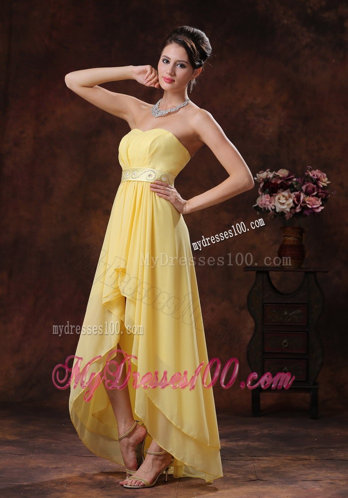 New Style Yellow Ruche Decorate High-low Prom Evening Dresses with Belt