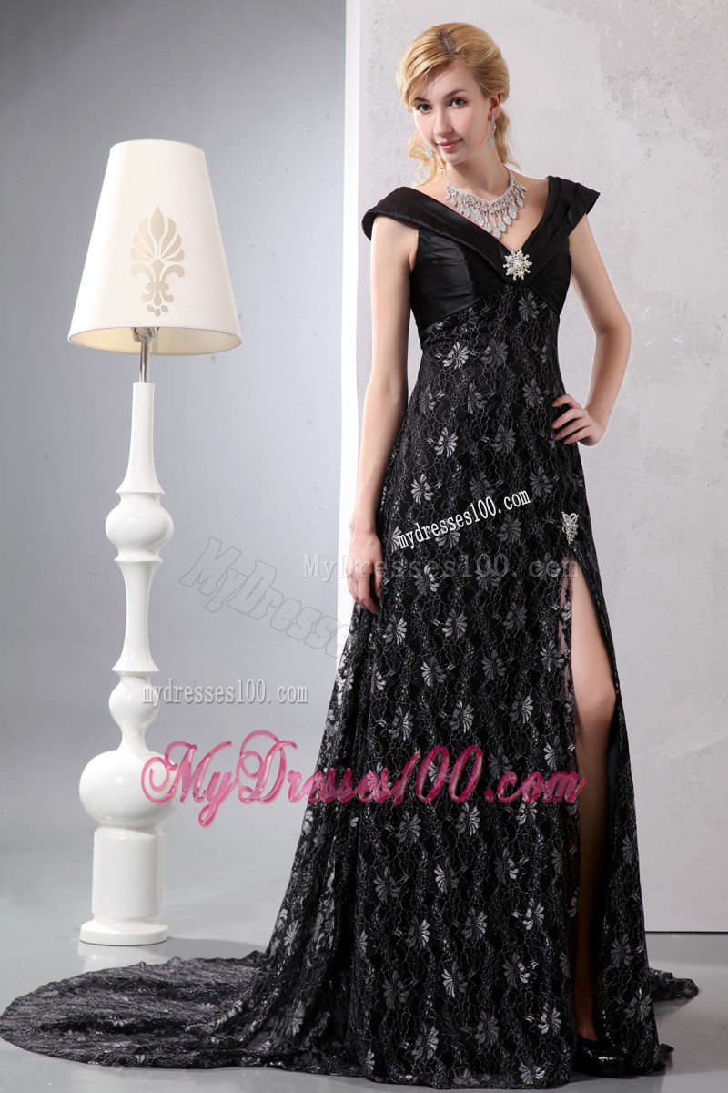 Slitted Black Prom Dress with V-neck and Cap Sleeves