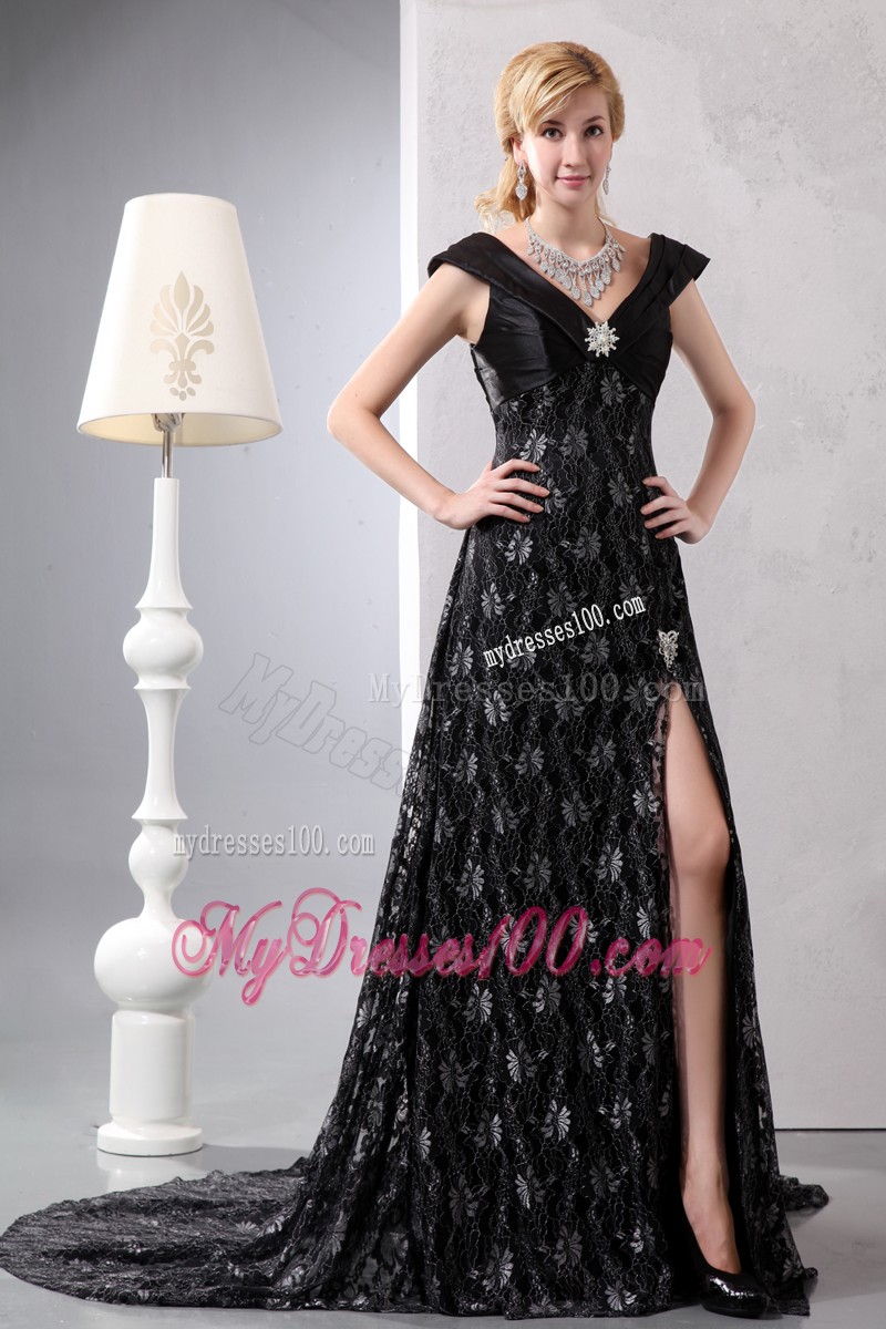 Slitted Black Prom Dress with V-neck and Cap Sleeves