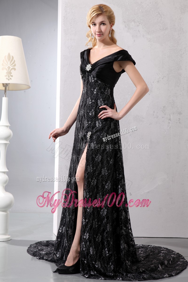 Slitted Black Prom Dress with V-neck and Cap Sleeves