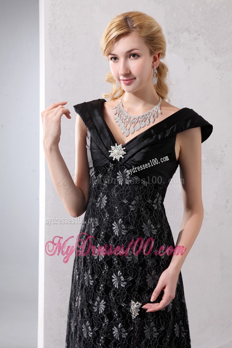 Slitted Black Prom Dress with V-neck and Cap Sleeves