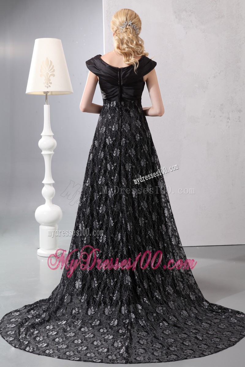 Slitted Black Prom Dress with V-neck and Cap Sleeves