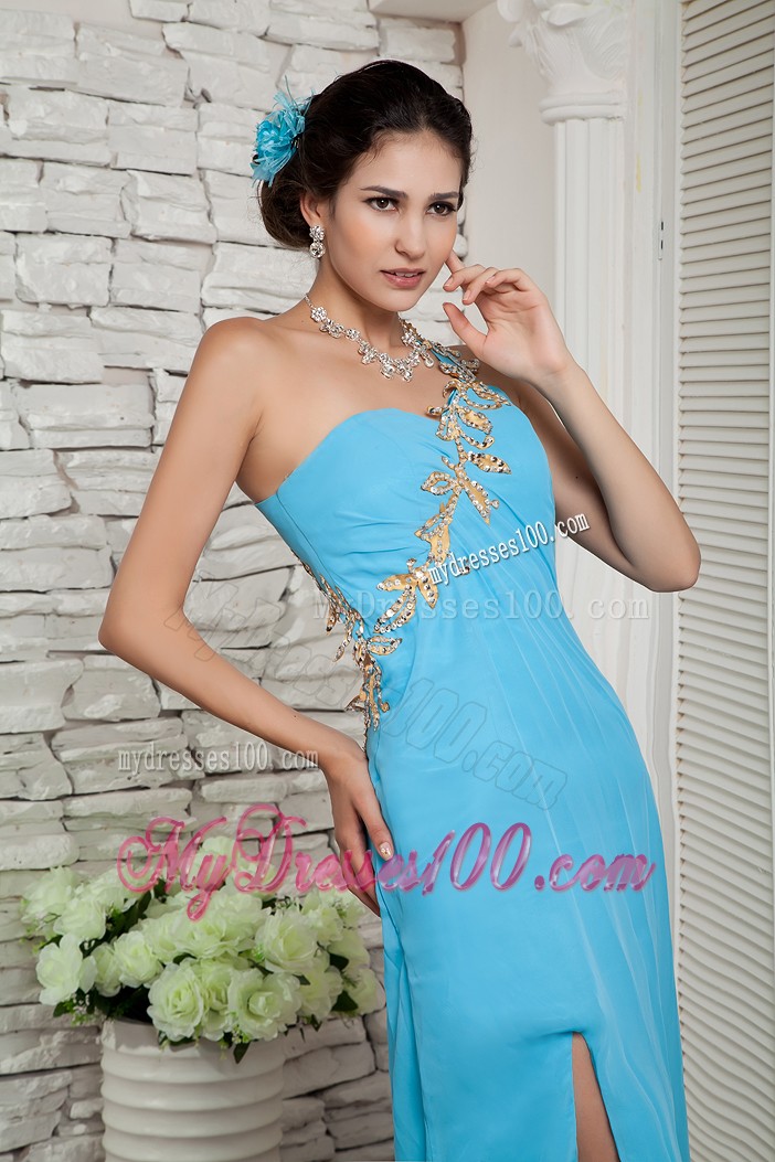 Aqua Blue One Shoulder Empire Chiffon Backless Prom Dress