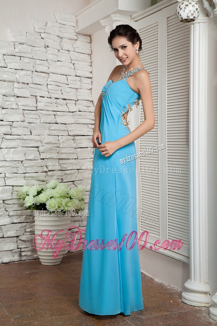 Aqua Blue One Shoulder Empire Chiffon Backless Prom Dress
