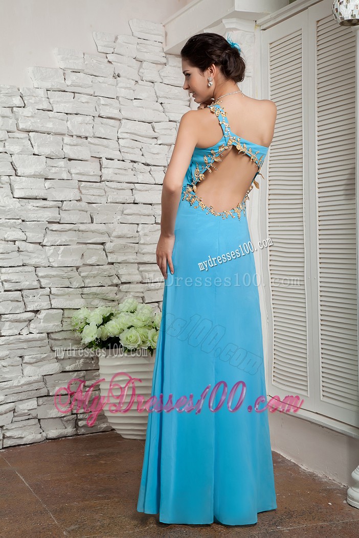 Aqua Blue One Shoulder Empire Chiffon Backless Prom Dress