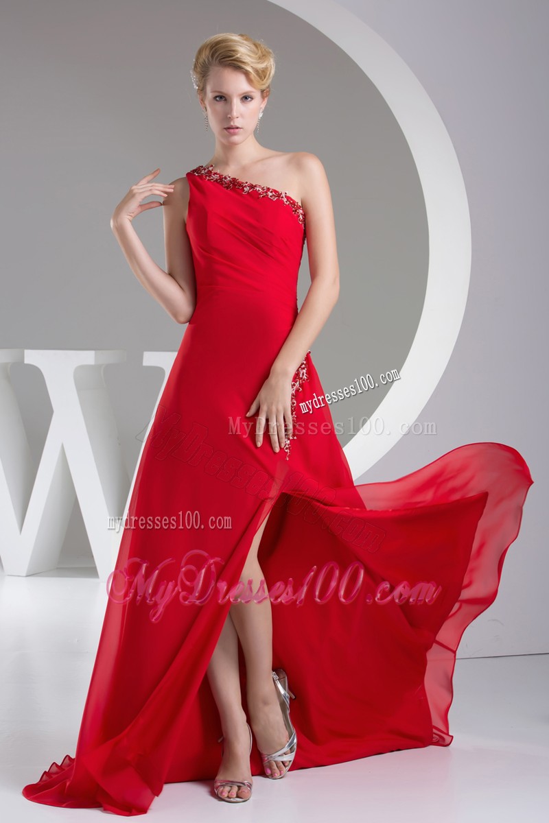 One Shoulder Red Column Prom Dress with Appliques and High Slits