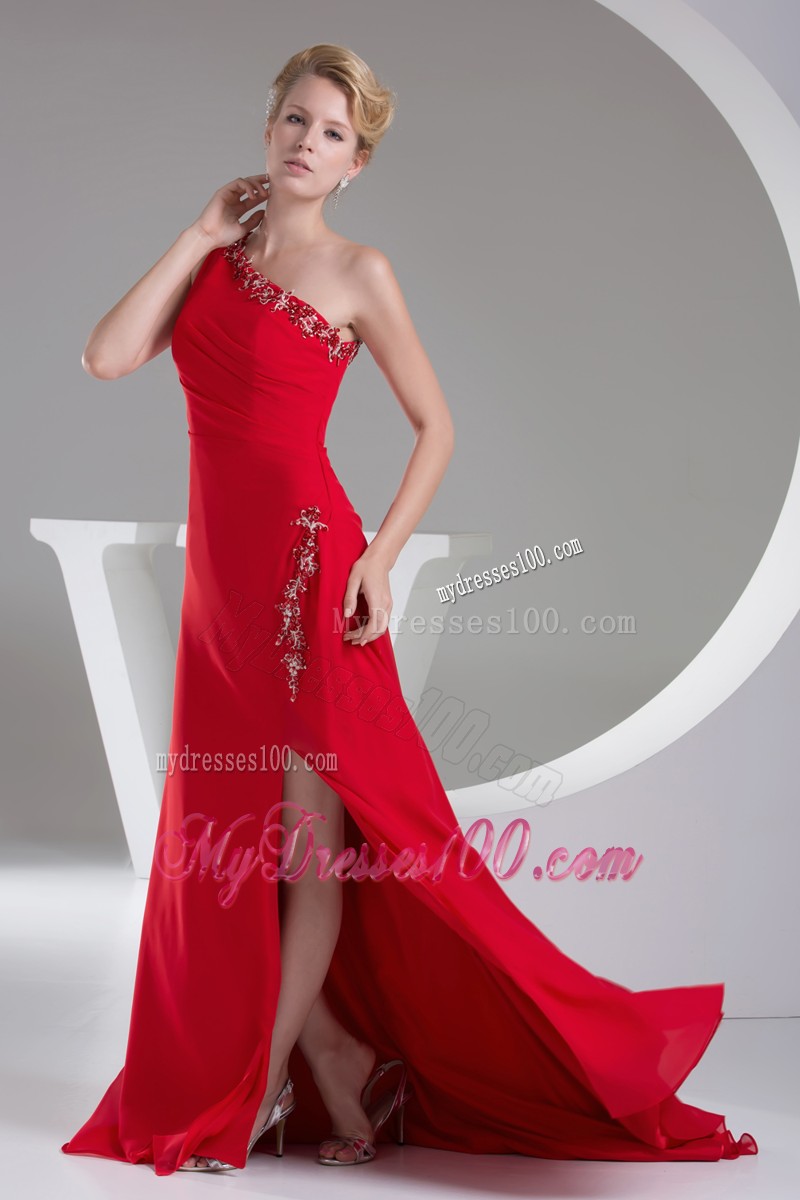 One Shoulder Red Column Prom Dress with Appliques and High Slits