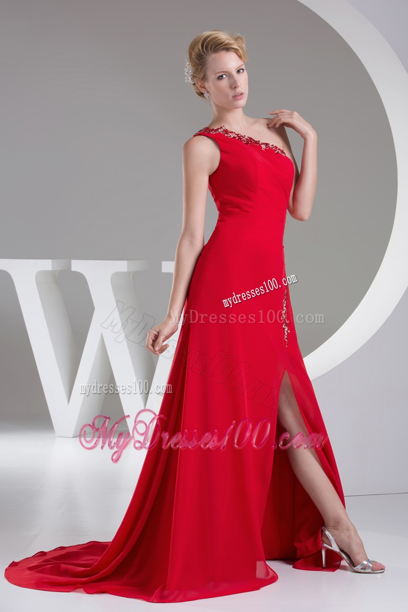 One Shoulder Red Column Prom Dress with Appliques and High Slits
