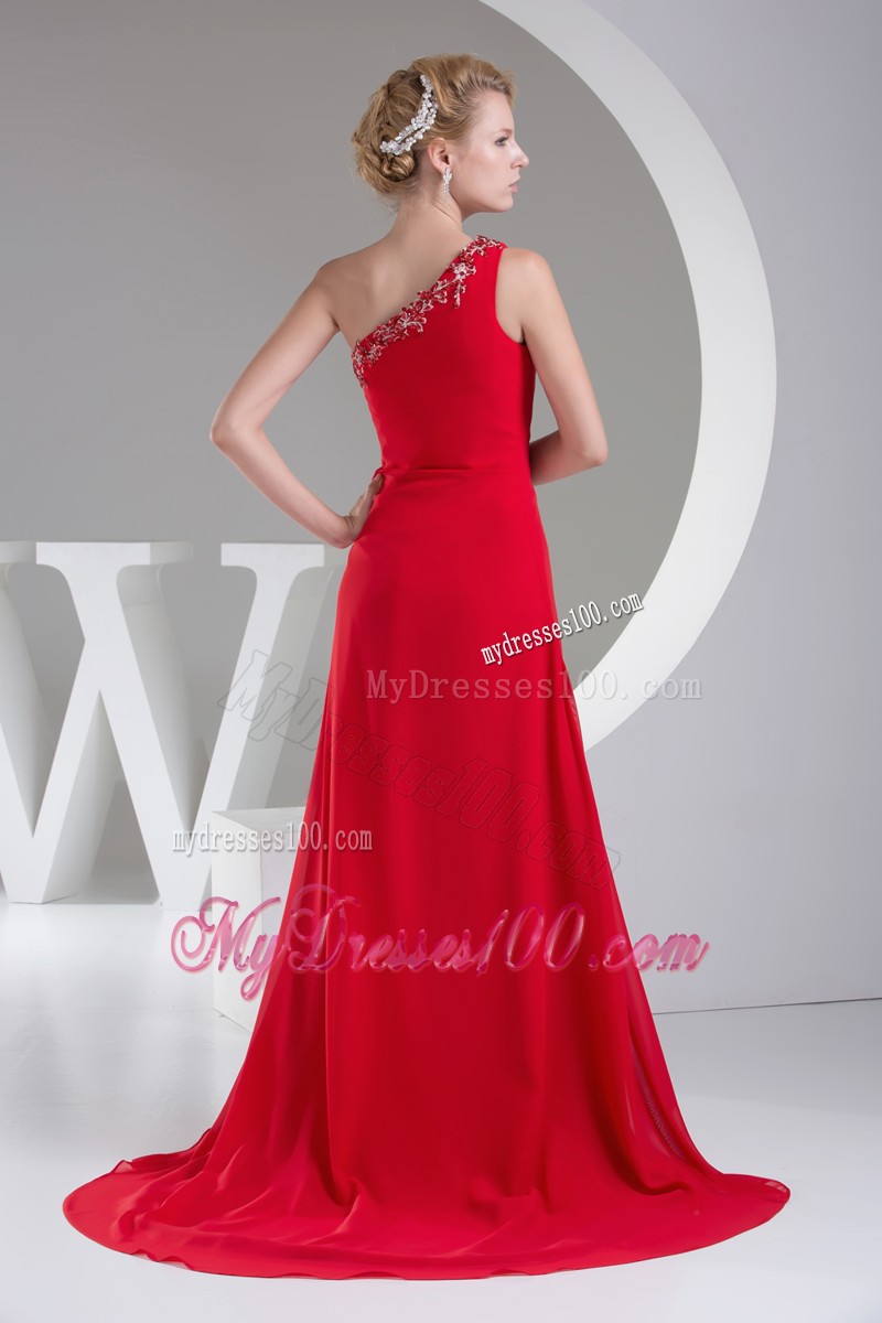 One Shoulder Red Column Prom Dress with Appliques and High Slits