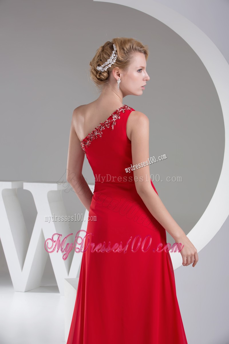 One Shoulder Red Column Prom Dress with Appliques and High Slits