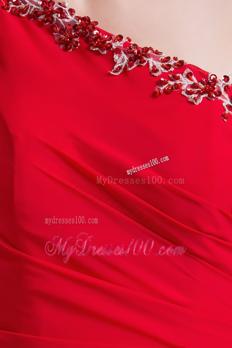One Shoulder Red Column Prom Dress with Appliques and High Slits
