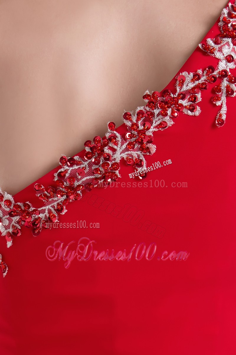 One Shoulder Red Column Prom Dress with Appliques and High Slits
