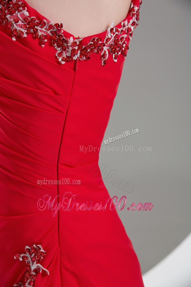 One Shoulder Red Column Prom Dress with Appliques and High Slits