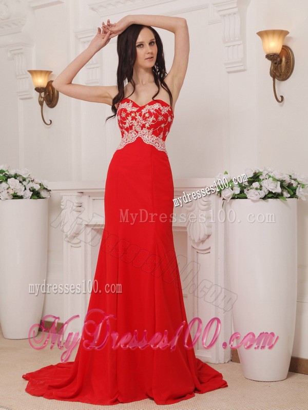 Sweetheart Brush Train Red Chiffon Prom Evening Desses with White Appliques