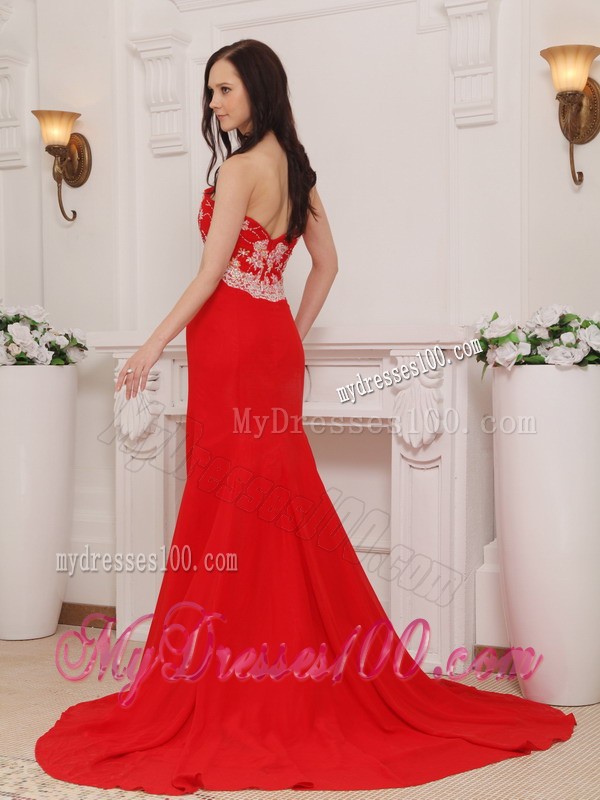 Sweetheart Brush Train Red Chiffon Prom Evening Desses with White Appliques