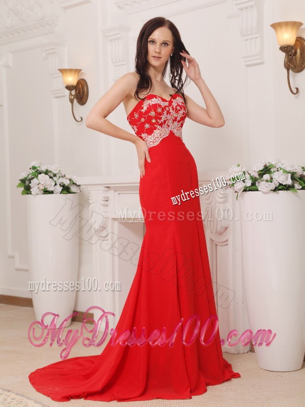 Sweetheart Brush Train Red Chiffon Prom Evening Desses with White Appliques