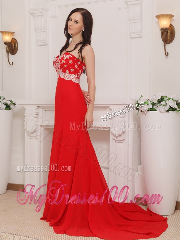Sweetheart Brush Train Red Chiffon Prom Evening Desses with White Appliques