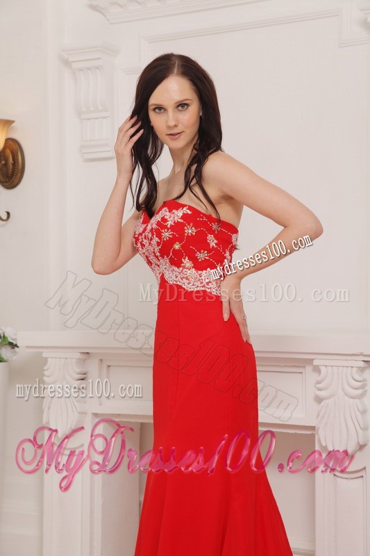 Sweetheart Brush Train Red Chiffon Prom Evening Desses with White Appliques