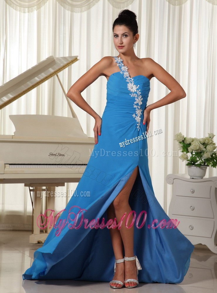 Brush Train One Shoulder High Slit Appliques Prom Evening Dresses in Sky Blue