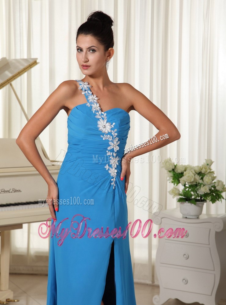 Brush Train One Shoulder High Slit Appliques Prom Evening Dresses in Sky Blue