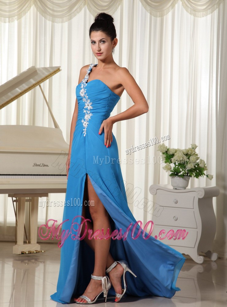 Brush Train One Shoulder High Slit Appliques Prom Evening Dresses in Sky Blue