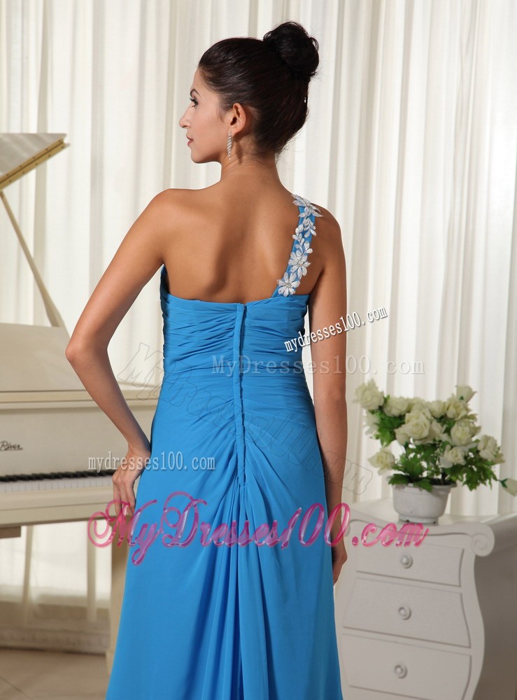 Brush Train One Shoulder High Slit Appliques Prom Evening Dresses in Sky Blue