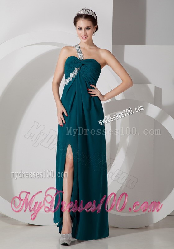 Simple Green Empire One Shoulder Ruched Appliques Prom Dress