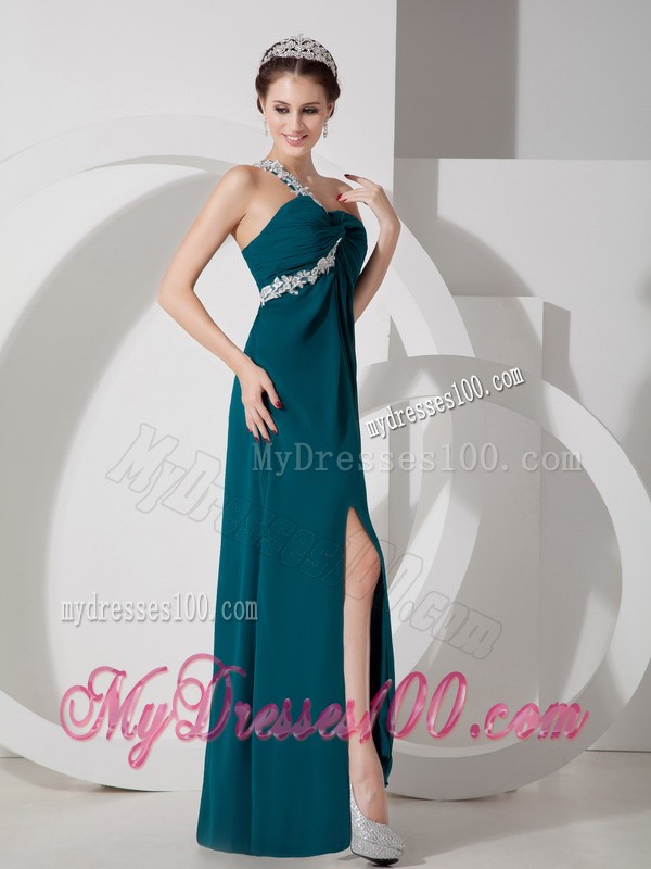 Simple Green Empire One Shoulder Ruched Appliques Prom Dress