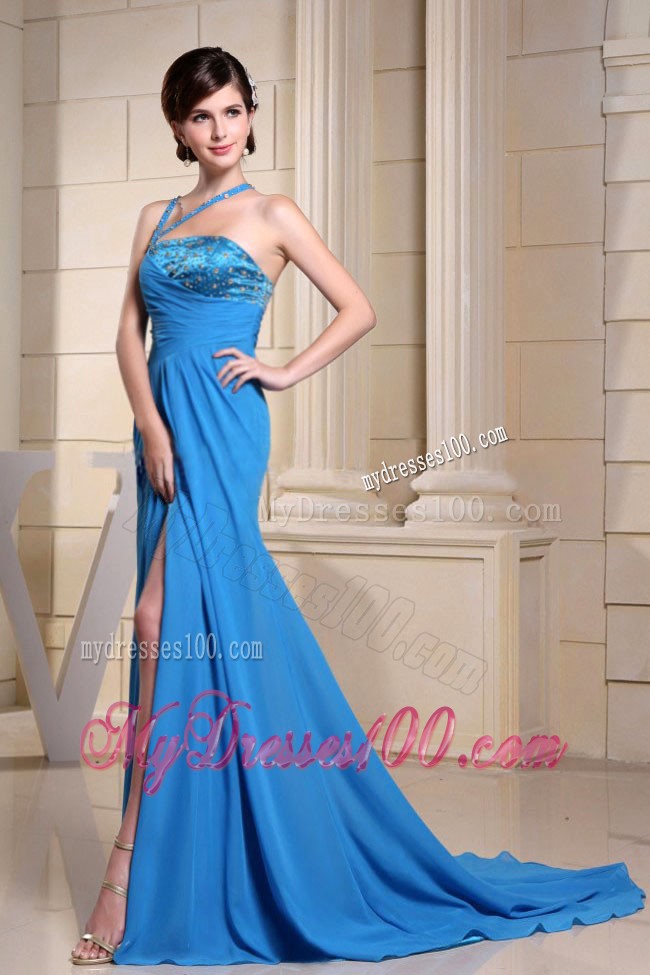 Pretty Asymmetrical Neckline and Sequins Bodice Prom Dresses