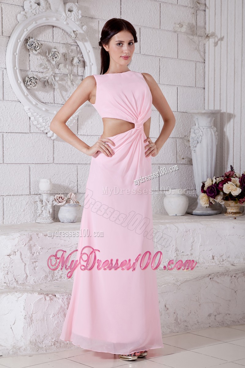 Straps Baby Pink Ankle-length Bateau Prom Evening Dresses with Cutouts On Sides