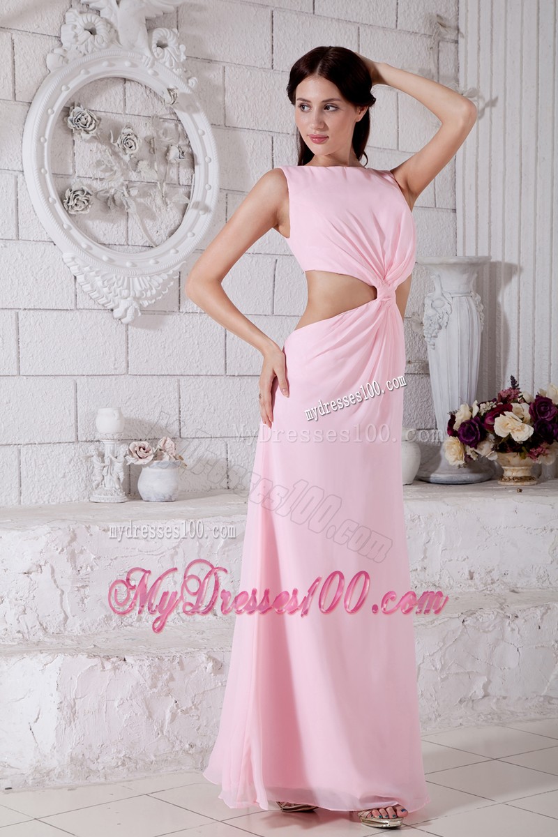 Straps Baby Pink Ankle-length Bateau Prom Evening Dresses with Cutouts On Sides