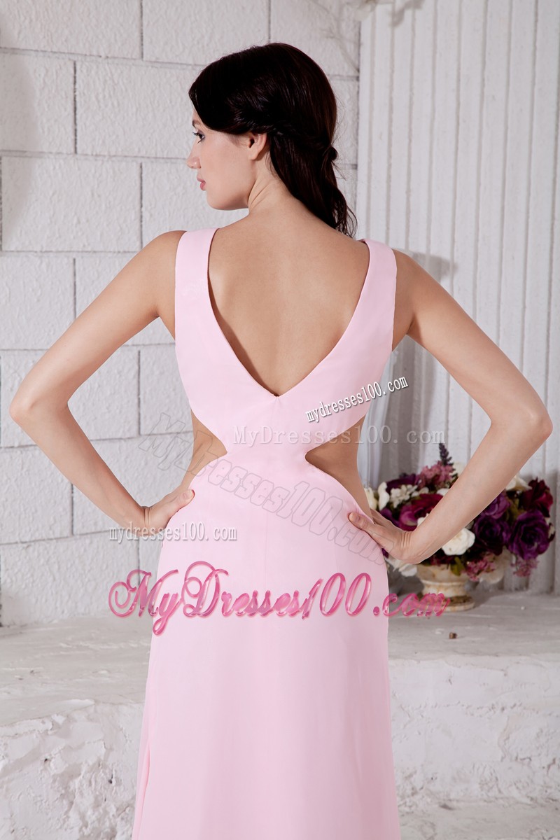 Straps Baby Pink Ankle-length Bateau Prom Evening Dresses with Cutouts On Sides