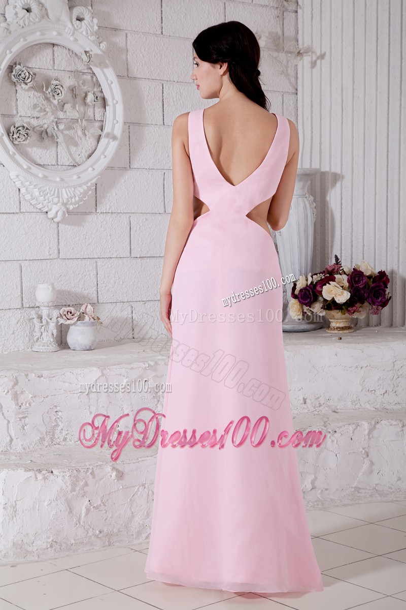 Straps Baby Pink Ankle-length Bateau Prom Evening Dresses with Cutouts On Sides