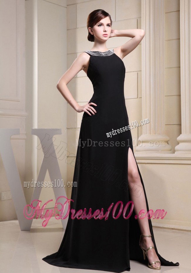 Little Black Bateau Beading and High Slit Prom Dresses Discount