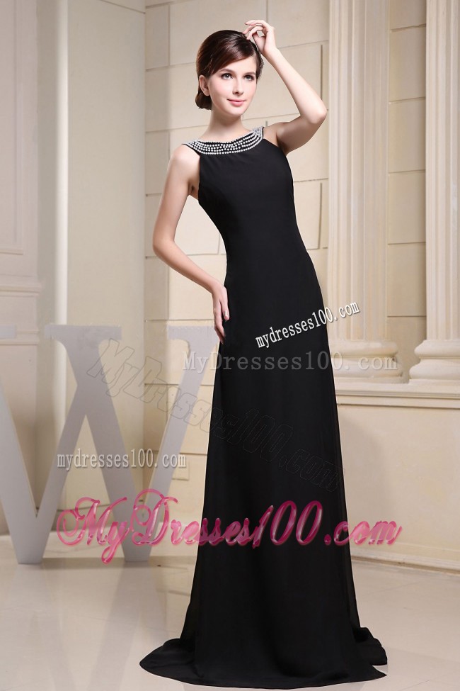 Little Black Bateau Beading and High Slit Prom Dresses Discount