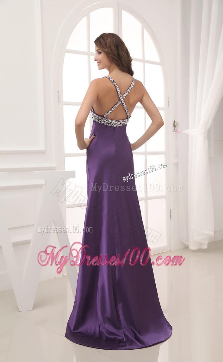 Pretty Halter Top and V-neck High Slit Prom Dress in Purple